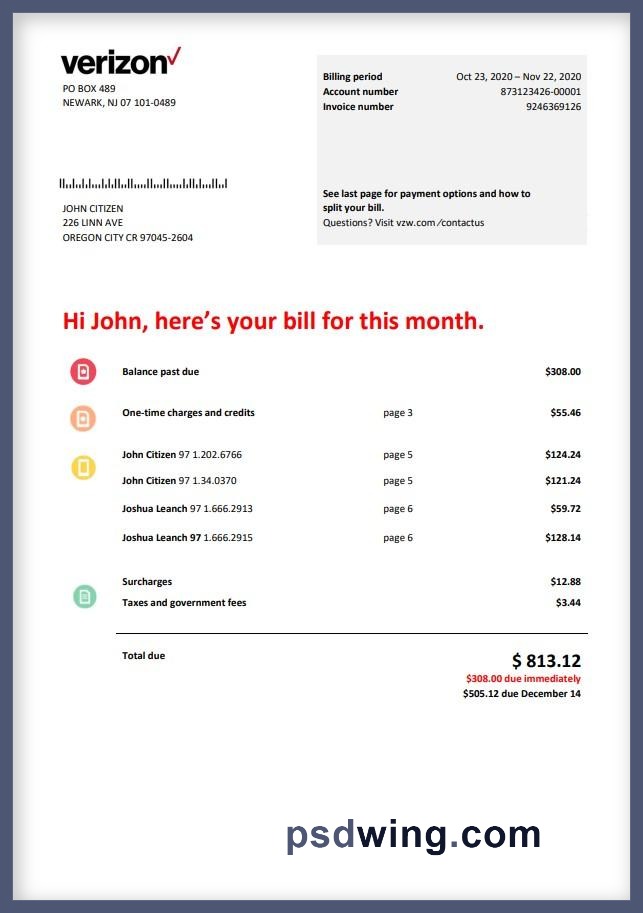 USA Verizon Telecommunications Utility Bill